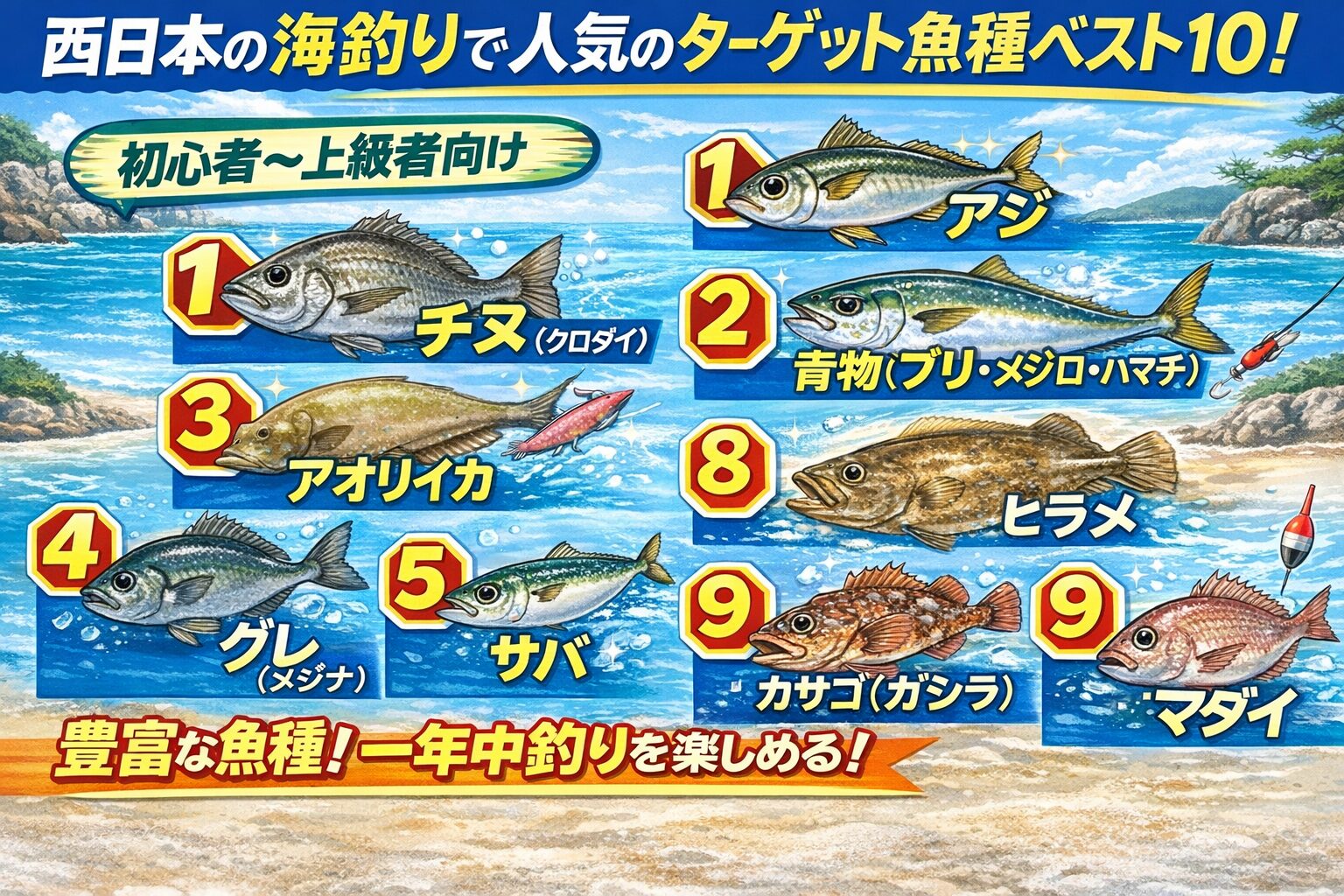 西日本は全国屈指の魚影と魚種・アジ、チヌ、アオリイカが三大人気・初心者〜上級者まで対応可能.釣太郎