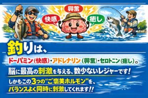 釣りは・ドーパミン（快感） ・アドレナリン（興奮） ・セロトニン（癒し）この3つを、同時にくれる遊びです。だから続く。釣太郎
