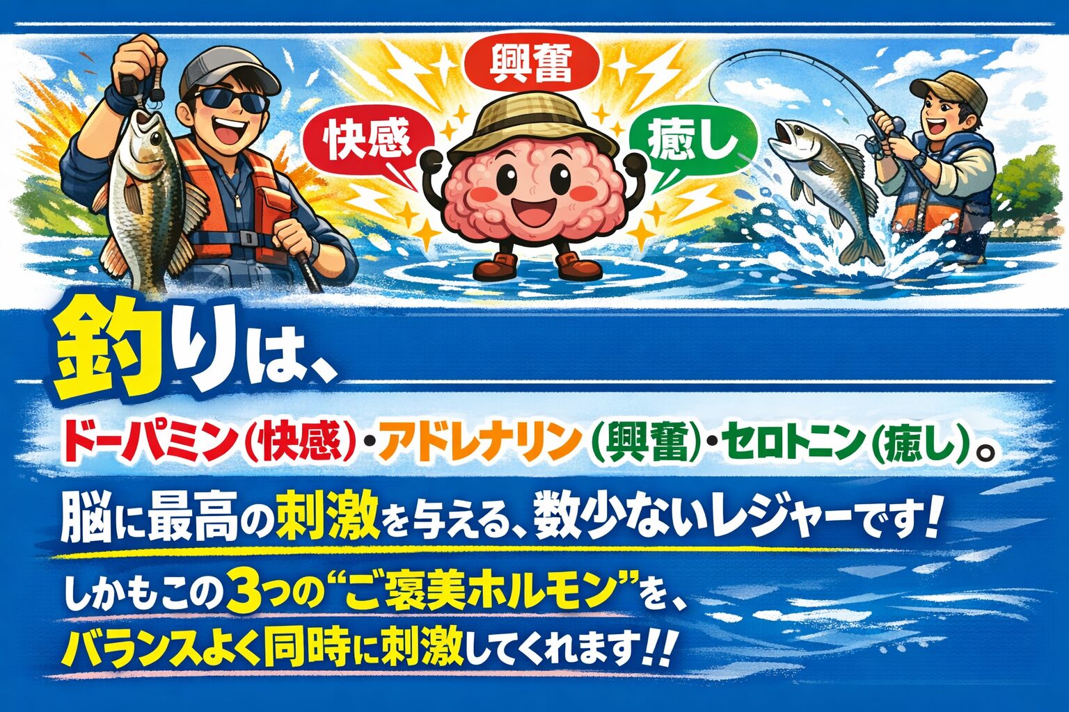 釣りは・ドーパミン（快感） ・アドレナリン（興奮） ・セロトニン（癒し）この3つを、同時にくれる遊びです。だから続く。釣太郎