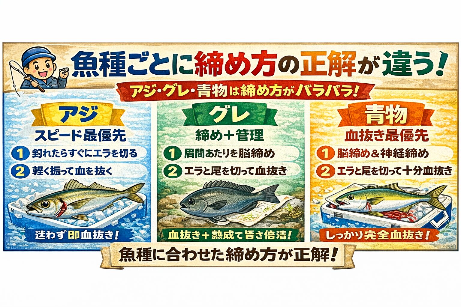 魚種別に締め方を変えるだけで、同じ魚でも 別物の味になります。釣太郎