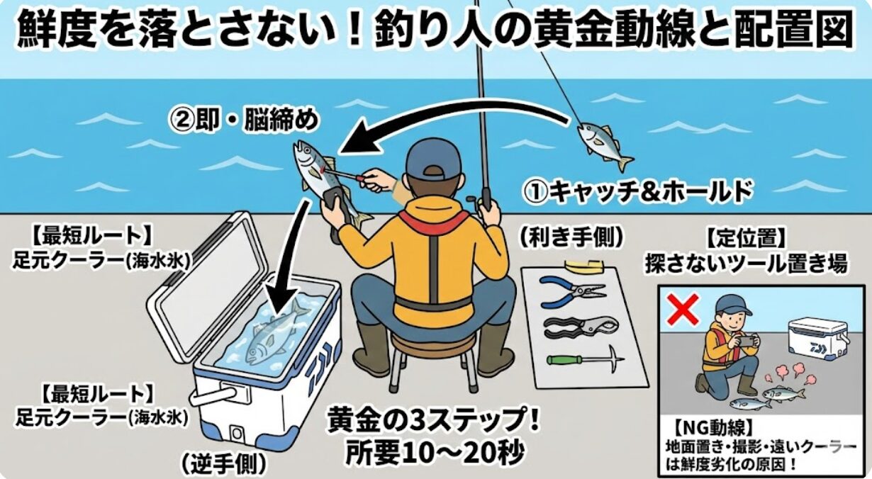 鮮度を決めるのは「腕」より「動線」！釣った瞬間から迷わない、プロの配置とアクション。釣太郎