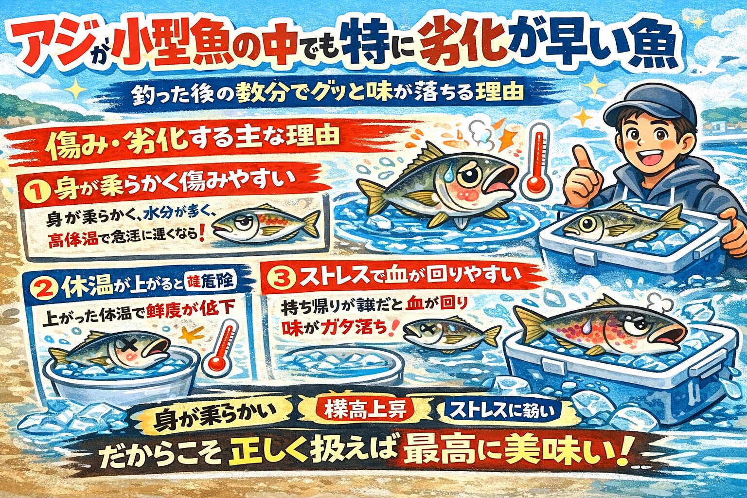 アジは小型魚の中でも劣化が早い・身が柔らかく傷みやすい・体温とストレスに極端に弱い。非常にデリケートな魚。釣太郎