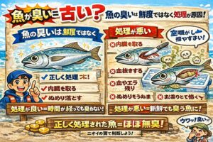 魚の臭いは鮮度より「扱い方」。魚が臭いからといって、必ずしも古いわけではありません。逆に、新鮮でも扱いが悪ければ臭います。釣太郎
