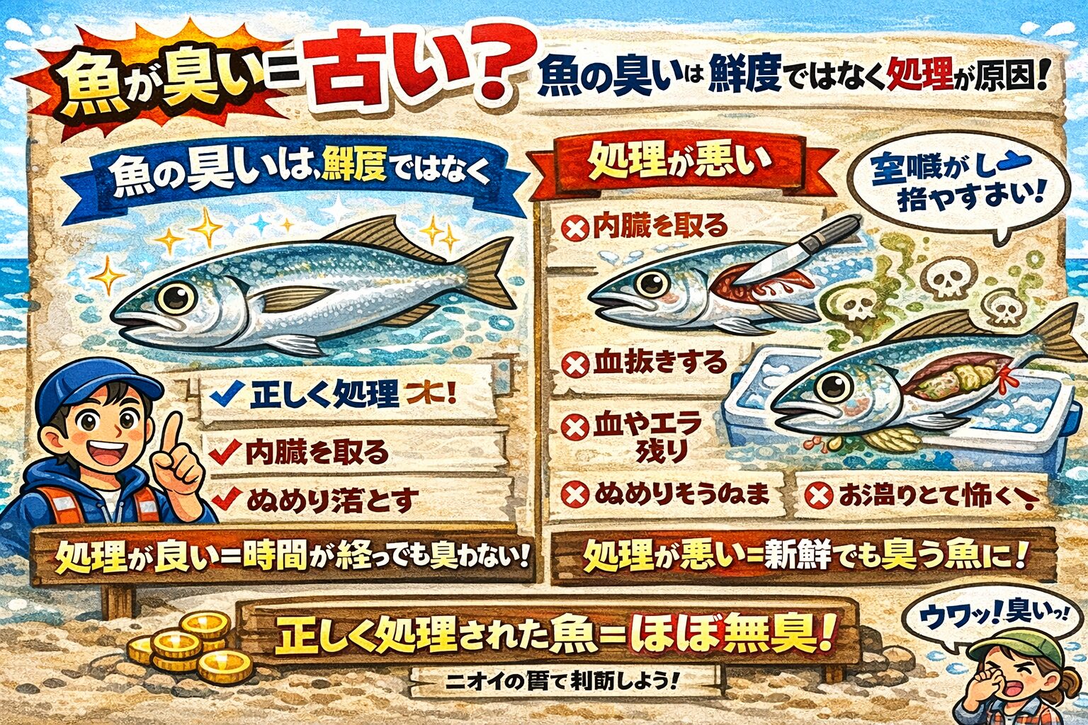 魚の臭いは鮮度より「扱い方」。魚が臭いからといって、必ずしも古いわけではありません。逆に、新鮮でも扱いが悪ければ臭います。釣太郎