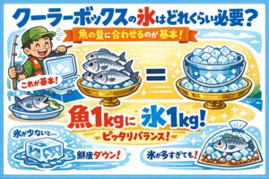 氷の量はクーラーBOXの大きさで決めない・魚の重さ＝氷の量が基本・最低でも魚と同量、理想は1〜1.5倍 ・隙間を作らないことが冷却効率アップのコツ。釣太郎