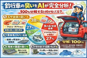 釣行車の臭いを100％として分解すると・エサ由来：38％・血・体液：27％・ヌメリ：18％・海水＋雑菌：12％・その他：5％。釣太郎 つまり 「魚を釣ったから臭い」のではありません。釣太郎