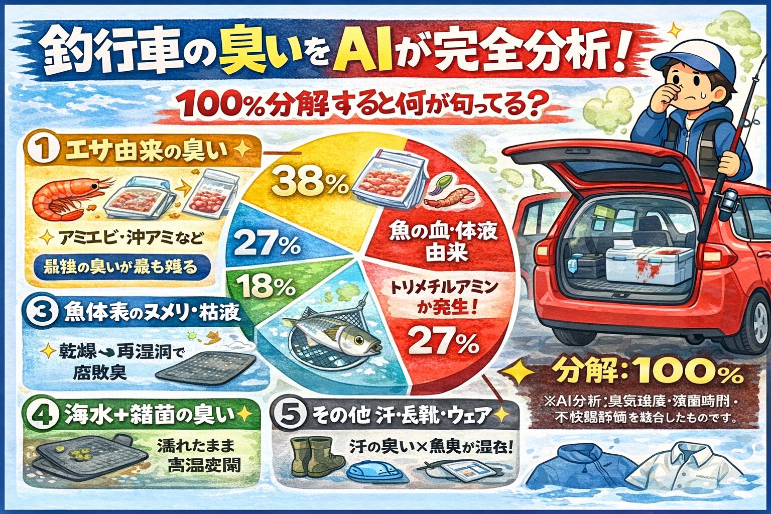 釣行車の臭いを100％として分解すると・エサ由来：38％・血・体液：27％・ヌメリ：18％・海水＋雑菌：12％・その他：5％。釣太郎 つまり 「魚を釣ったから臭い」のではありません。釣太郎