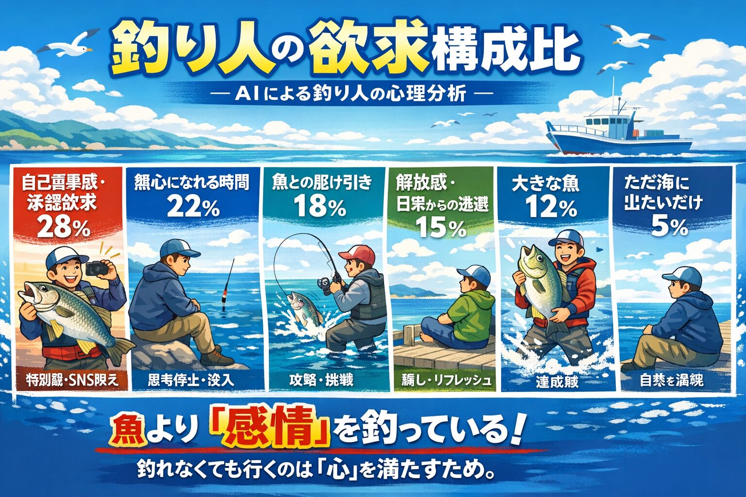 釣り人が欲しいのは魚ではない・最も大きいのは自己重要感・次に無心になれる時間 ・魚は感情を引き出す装置。釣太郎