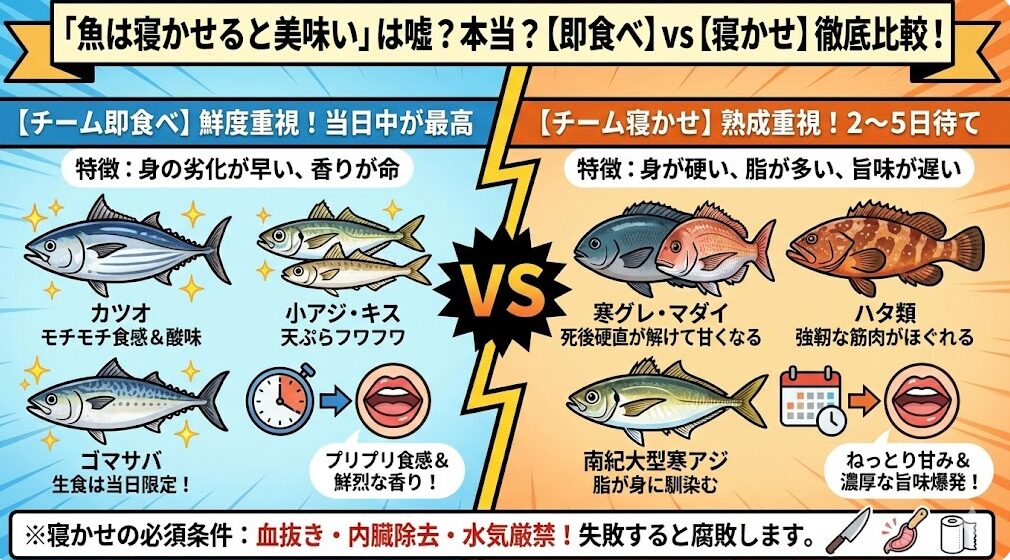 魚の「個性」に合わせて食べ分けよう。「香り」と「食感」を楽しむなら → 即食べ。「甘み」と「旨味」を楽しむなら → 寝かせ。釣太郎