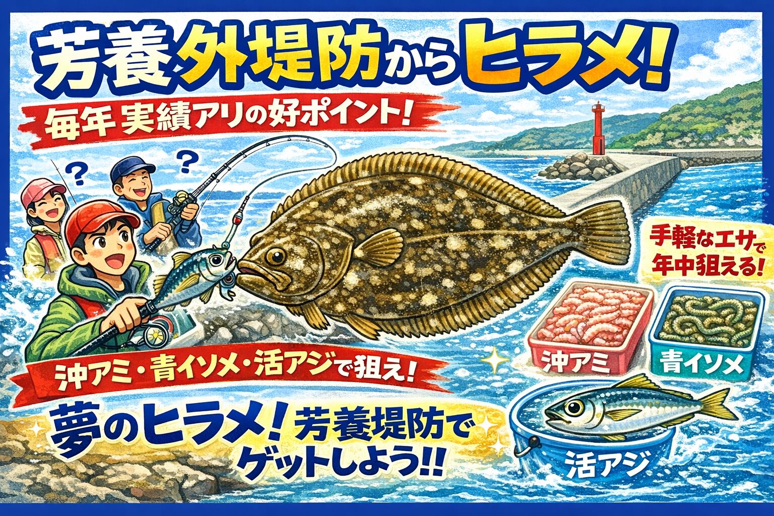 和歌山田辺芳養（はや）外堤防では、毎年ヒラメが釣れています。沖アミ。青イソメ。活アジ。特別なエサや仕掛けは不要です。釣太郎