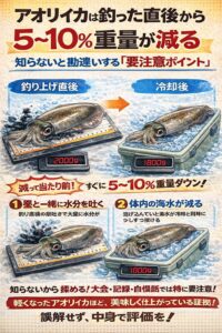 アオリイカは・釣った直後が最重量・5〜10％の重量減は普通 ・切れていない・異常でもない.釣太郎