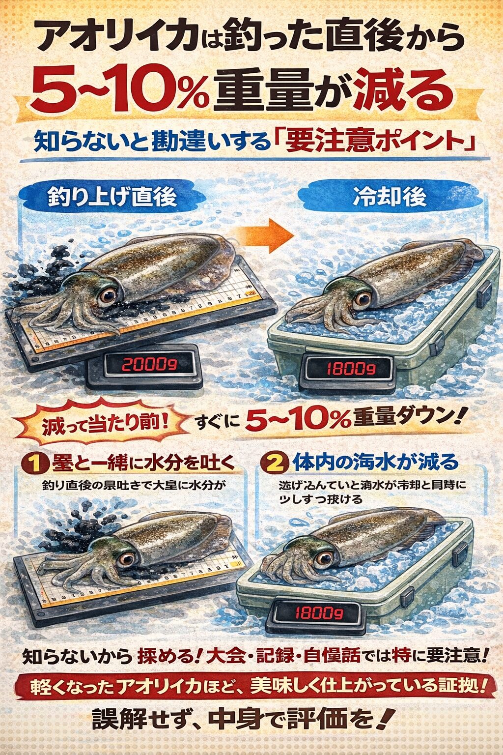 アオリイカは・釣った直後が最重量・5〜10％の重量減は普通 ・切れていない・異常でもない.釣太郎