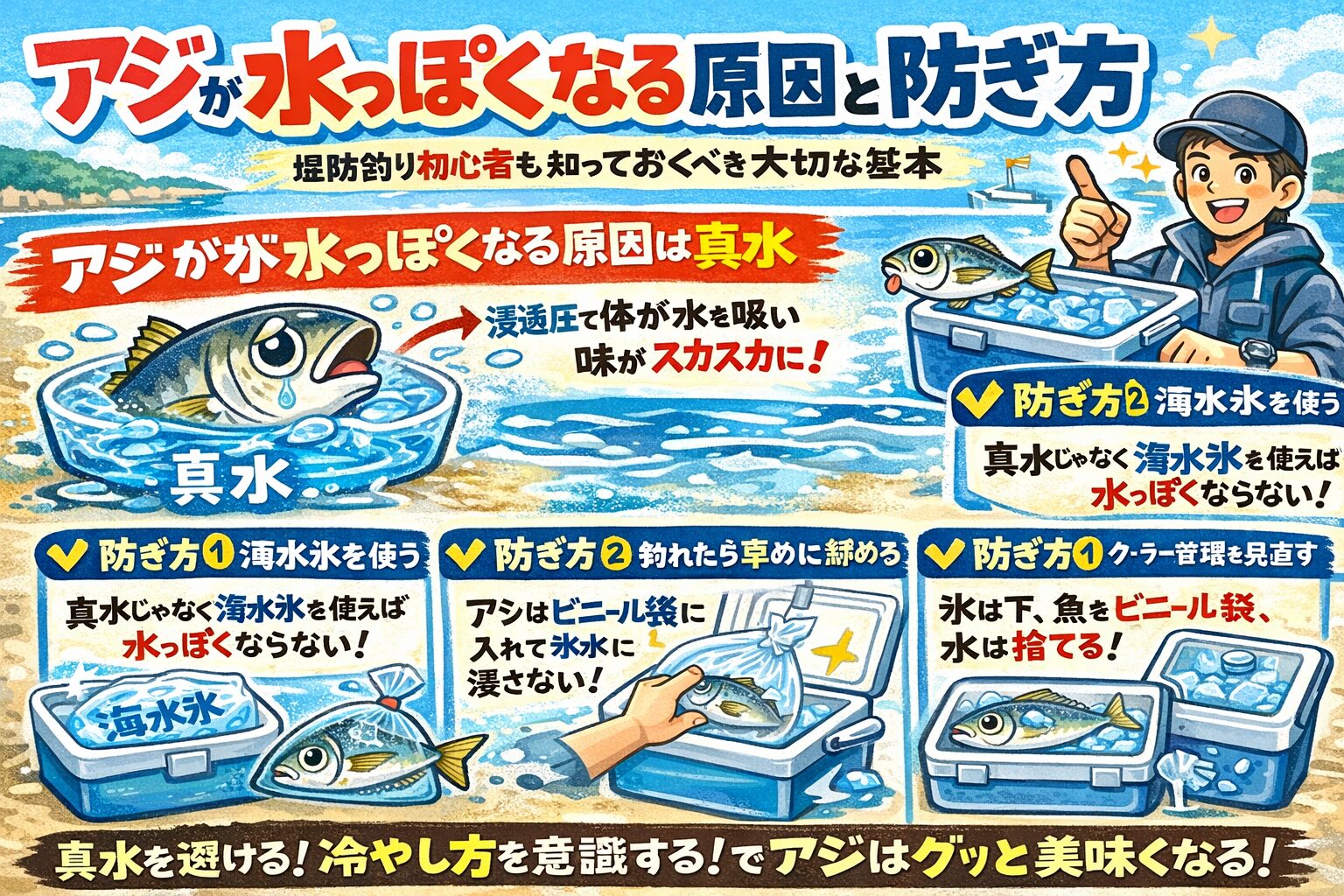 アジが水っぽくなる原因は、・真水に触れる ・冷やし方のミス・クーラー管理不足。この3つがほとんどです。釣太郎