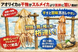 アオリイカ干物が劇旨理由、旨味の主役が脂ではない。遊離アミノ酸が多い・干しても壊れない構造・肉厚で水分保持力が高い・一夜干しとの相性が抜群。釣太郎