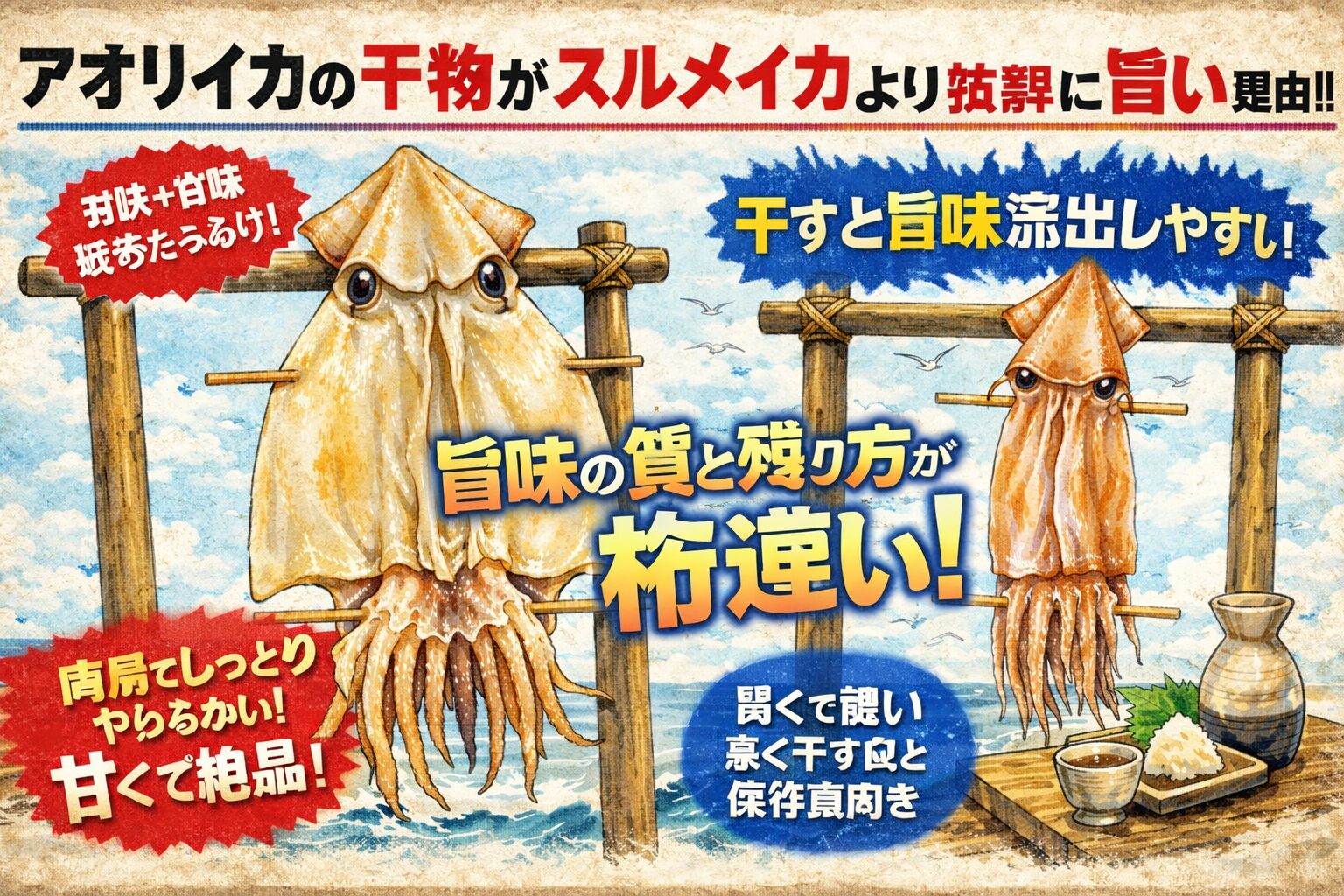 アオリイカ干物が劇旨理由、旨味の主役が脂ではない。遊離アミノ酸が多い・干しても壊れない構造・肉厚で水分保持力が高い・一夜干しとの相性が抜群。釣太郎