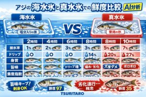 ・2時間でも差は出る ・6時間で明確な価値差・10時間後は別の魚レベル。アジを本当に美味しく持ち帰りたいなら、答えは一つ。冷やなら海水氷。釣太郎