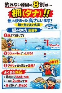 棚とは魚が泳いでいる高さ。水深とは別物。 まず底を取りそこから少しずつ上げて探す。 反応が出た高さがその日の正解。釣太郎