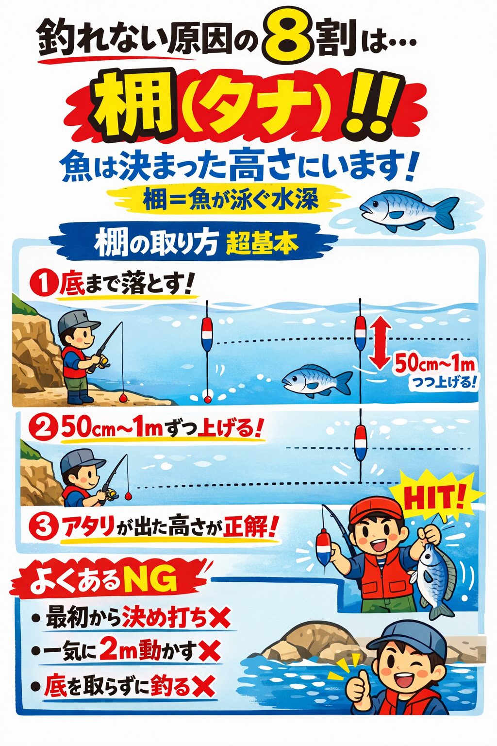 棚とは魚が泳いでいる高さ。水深とは別物。 まず底を取りそこから少しずつ上げて探す。 反応が出た高さがその日の正解。釣太郎