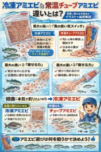 冷凍アミエビ→ 本物の餌。寄せ・食い・釣果重視。チューブアミエビ→ 手軽さ重視。短時間・補助用途向き。釣太郎
