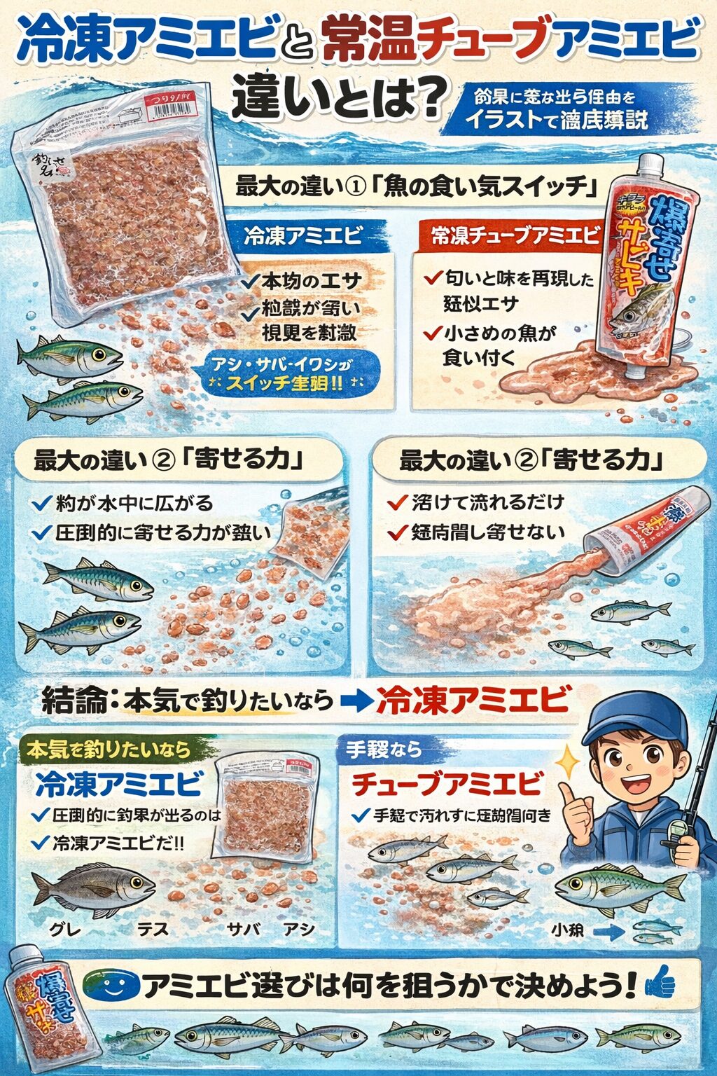 冷凍アミエビ→ 本物の餌。寄せ・食い・釣果重視。チューブアミエビ→ 手軽さ重視。短時間・補助用途向き。釣太郎