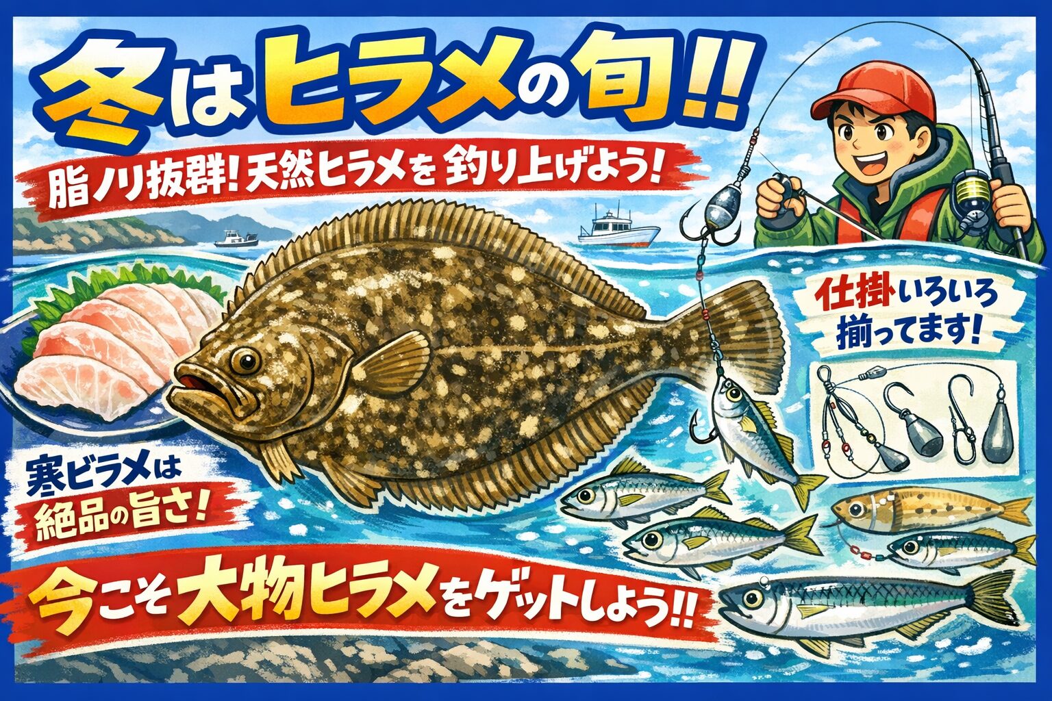 冬のヒラメは、天然ならではの脂と旨味が際立つ旬の魚。のませ釣りを中心に、仕掛けをしっかり選べば、初心者でも大型が狙えます。釣太郎