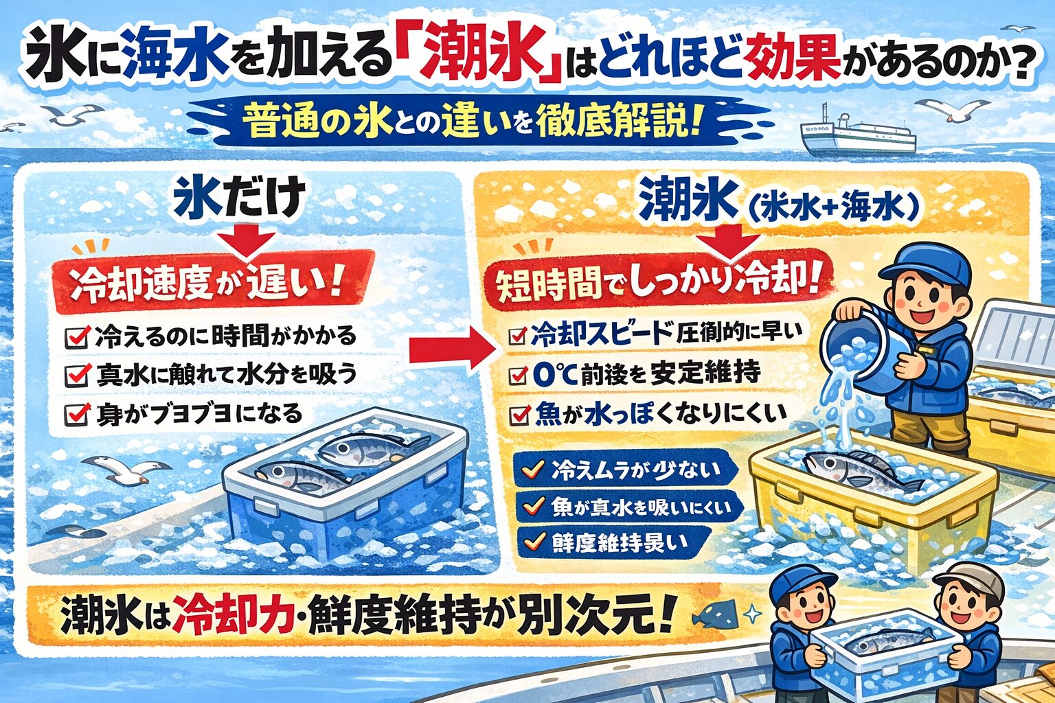 氷＋海水の潮氷はプロが選ぶ冷却法。潮氷は氷だけより冷却力が高い・魚へのダメージが少ない・鮮度と味を長く保てる・漁師が使うのは合理的な選択。釣太郎