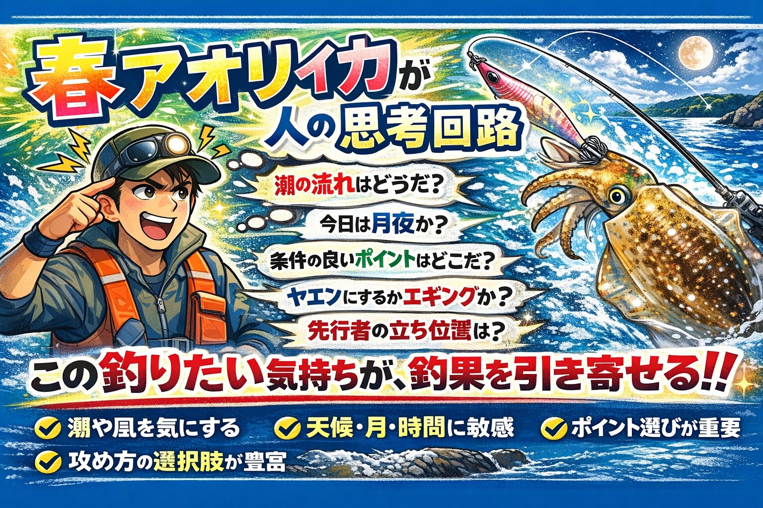 春アオリイカは、運ではありません。情報×観察×判断。これがすべて。だから面白い。 だからハマる。そして、釣れた一本は、一生忘れません。釣太郎