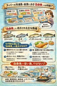 スーパーの白身魚とは 「味と用途を統一した加工用白身魚の総称」。ヒラメやタイとはそもそも土俵が違います。釣太郎