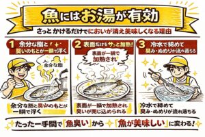 魚にお湯が有効な理由は・脂とにおい成分を瞬時に除去・血とぬめりを一気に落とす・旨味を逃さず表面だけを処理という極めて合理的な仕組み。釣太郎