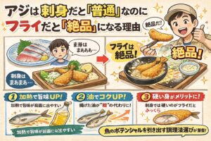アジをフライにして「絶品！」と感じたのは、味覚が変わったわけではなく、そのアジに合った料理を選んだ ・魚のポテンシャルを引き出した。釣太郎