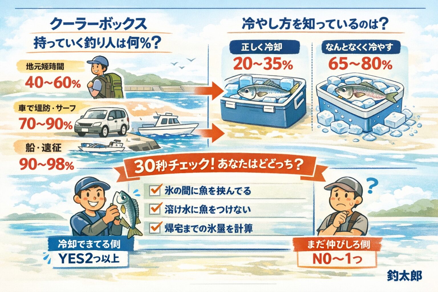 クーラーボックス持参率は40〜98％まで変動。持っている人のうち、正しい冷却を理解しているのは20〜35％。差が出るのは「密着」「真水回避」「一気に冷やす」の3点。釣太郎