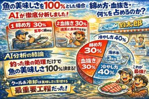 魚の美味しさは釣った後で決まる・締め方：30％・血抜き：30％ ・冷やし方：40％・冷却が最重要工程・普通氷より海水氷が圧倒的に有利。釣太郎
