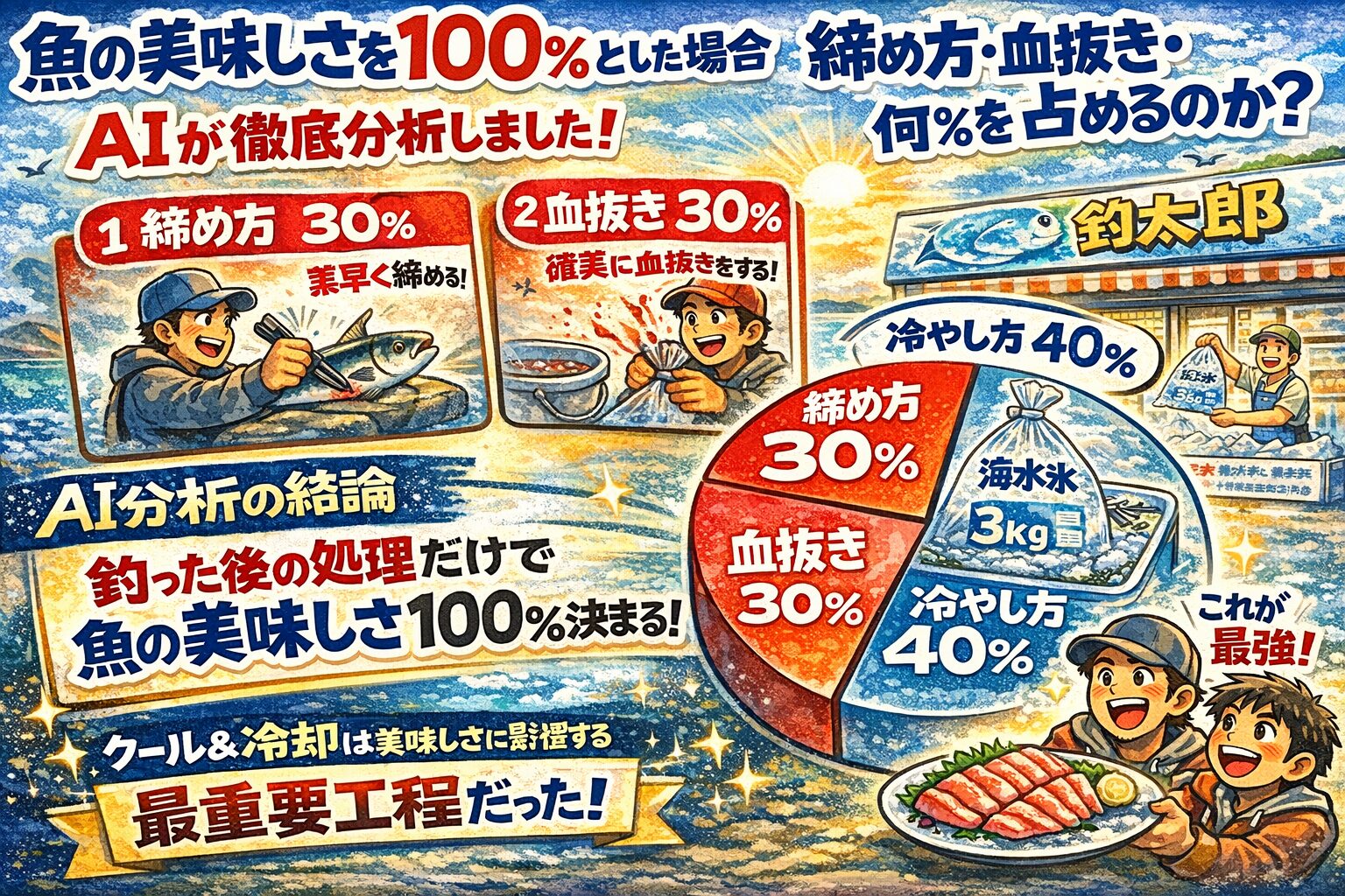魚の美味しさは釣った後で決まる・締め方：30％・血抜き：30％ ・冷やし方：40％・冷却が最重要工程・普通氷より海水氷が圧倒的に有利。釣太郎