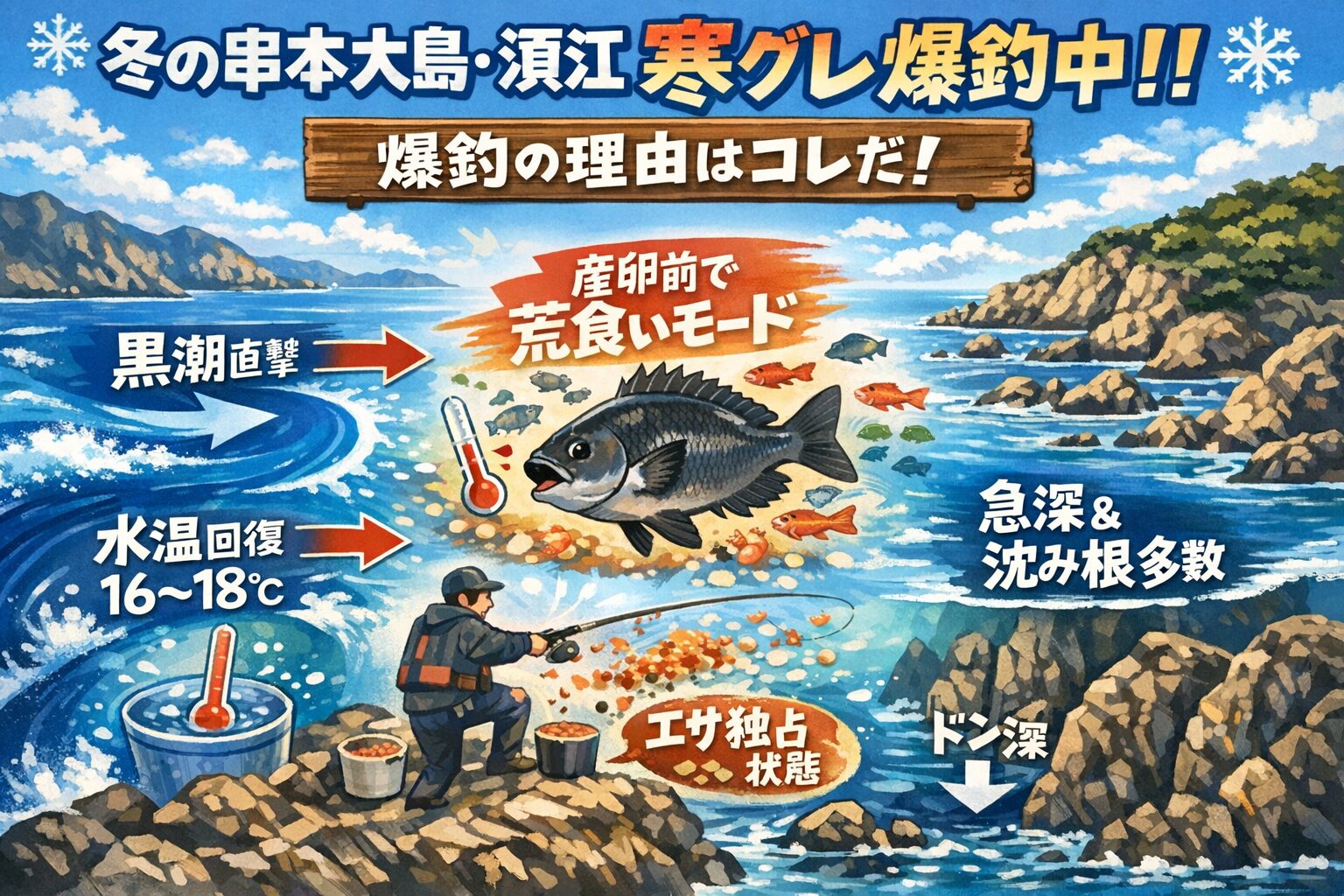 冬の南紀で串本大島が強い理由は・黒潮が近い ・水温が安定・地形が最強・潮が複雑・エサが豊富。すべてが揃っているから。釣太郎