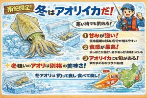 冬のアオリイカが美味しい理由は、水温低下による身の締まり・余分な水分が抜ける・甘み成分が増えやすい。この3点。釣太郎