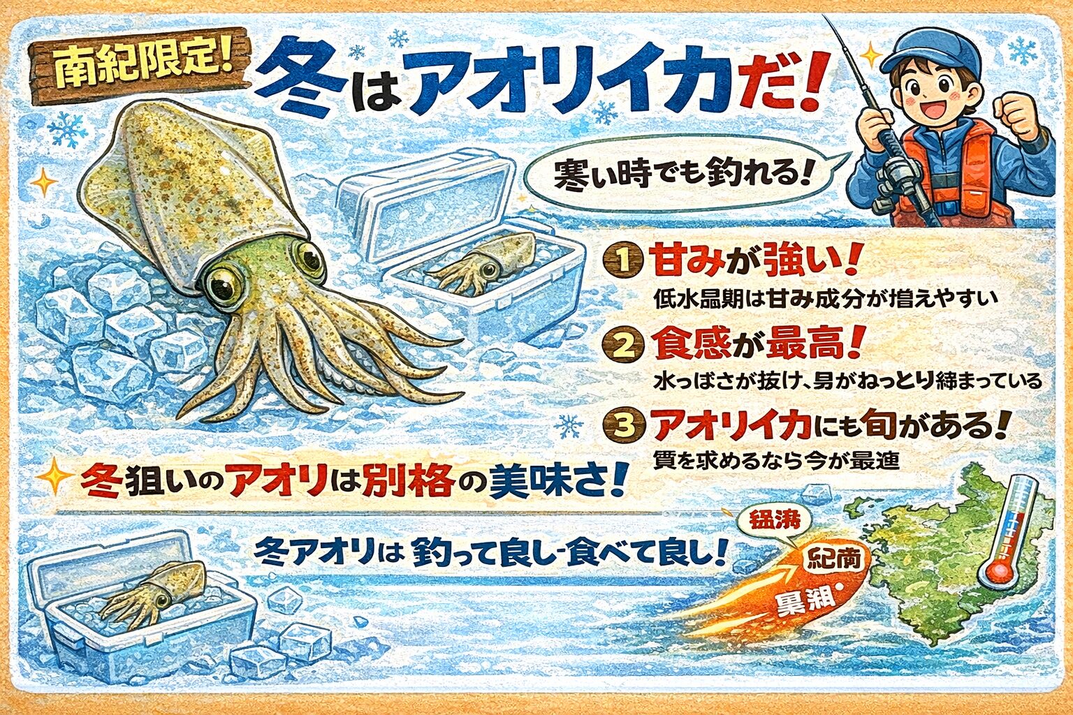 冬のアオリイカが美味しい理由は、水温低下による身の締まり・余分な水分が抜ける・甘み成分が増えやすい。この3点。釣太郎