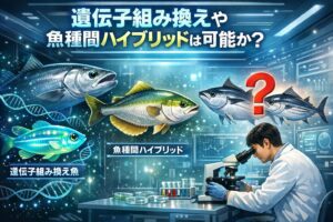 どんな魚でも遺伝子操作できるわけではない ・実用化されている魚種はごく一部・魚種間ハイブリッドは近縁種のみ可能・遠縁魚種の合成は現代科学ではほぼ不可能。釣太郎