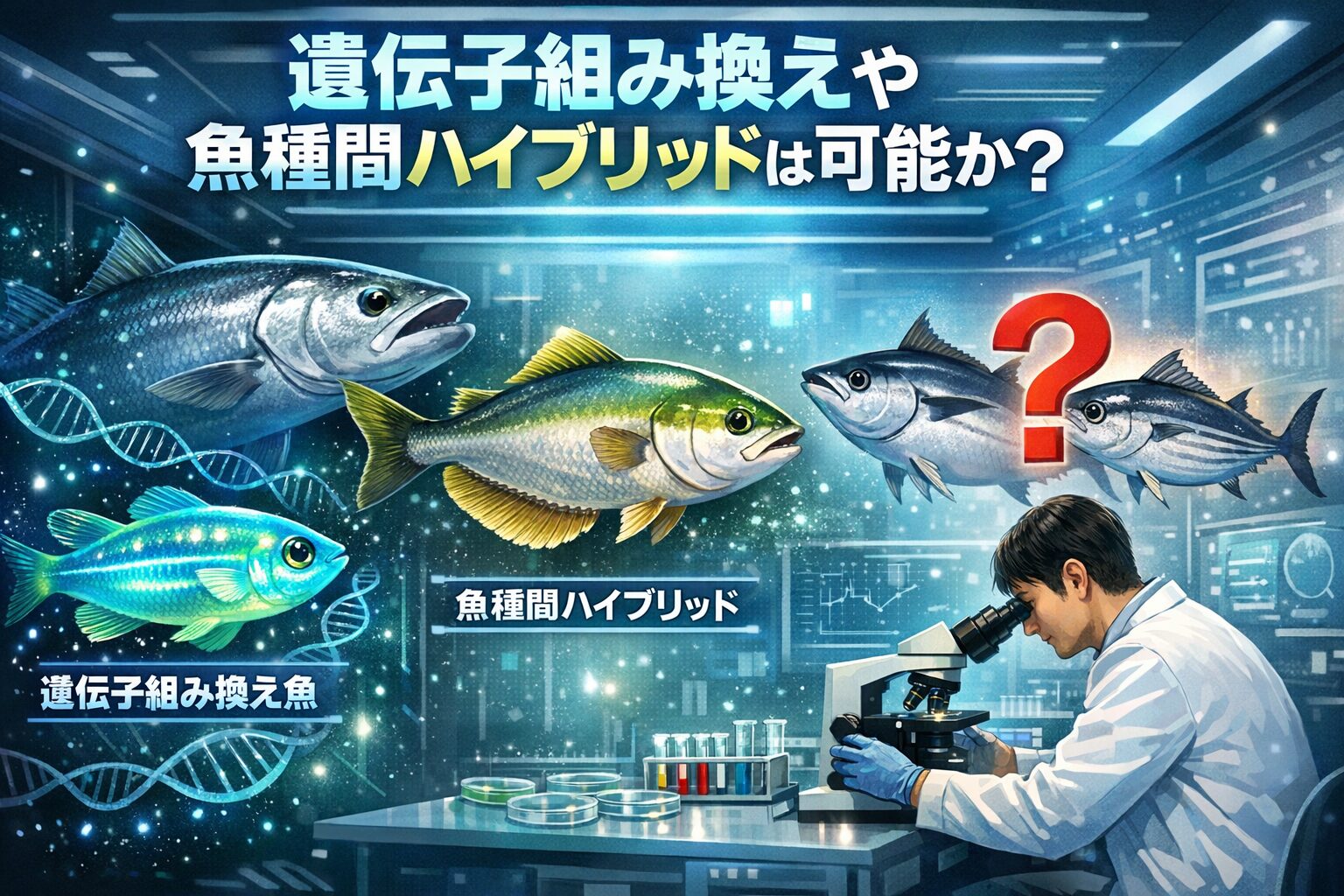 どんな魚でも遺伝子操作できるわけではない ・実用化されている魚種はごく一部・魚種間ハイブリッドは近縁種のみ可能・遠縁魚種の合成は現代科学ではほぼ不可能。釣太郎