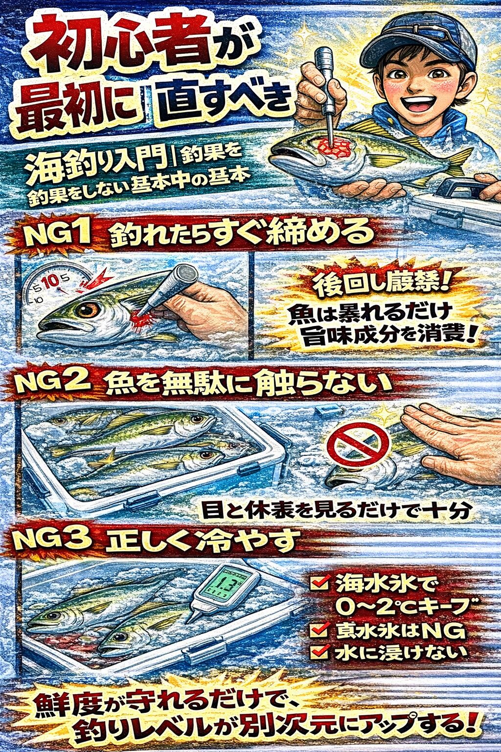 初心者ほど鮮度習慣が重要・締め遅れは取り返しがつかない・触らないことが最高の管理・冷やし方で味は激変する・鮮度管理は釣りの一部。釣太郎
