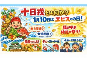 十日戎とは、エビス神に一年の実りを願う祭り。努力する人に、福が集まるとされる行事。1月10日は、一年の商売。仕事。釣り。 すべてのスタートライン。釣太郎