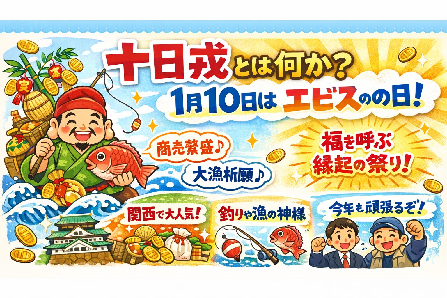 十日戎とは、エビス神に一年の実りを願う祭り。努力する人に、福が集まるとされる行事。1月10日は、一年の商売。仕事。釣り。 すべてのスタートライン。釣太郎