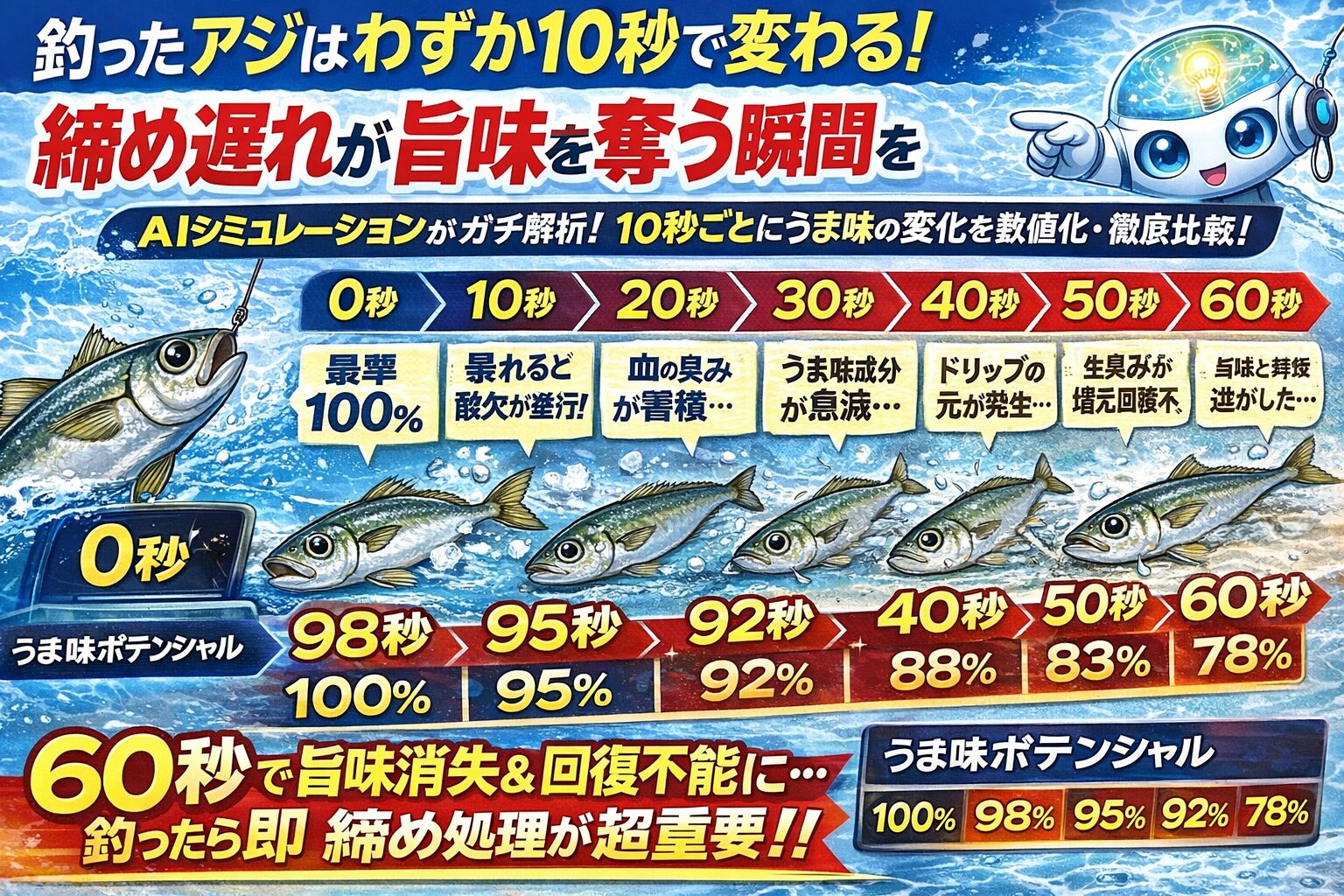 アジは10秒単位で品質が変化する・60秒以内が分岐点・締め遅れは冷却では取り戻せない・釣り人の腕は「釣った後」で決まる。釣太郎