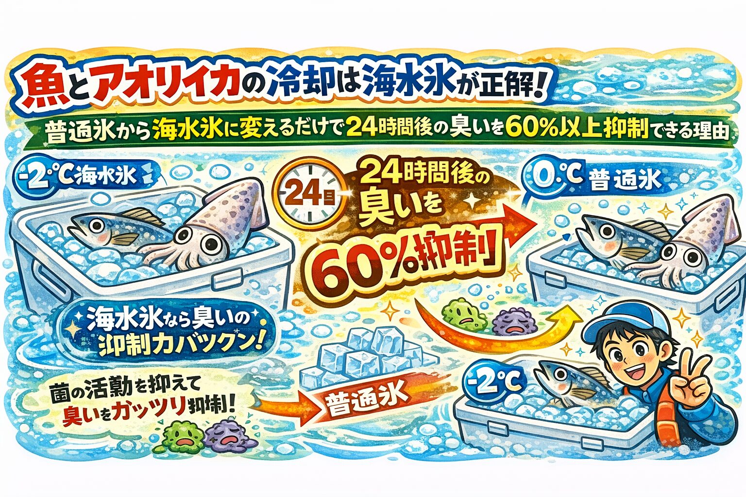 魚とアオリイカは「海水氷」で持ち帰ろう！24時間後の臭いが60%減る科学的理由。釣太郎