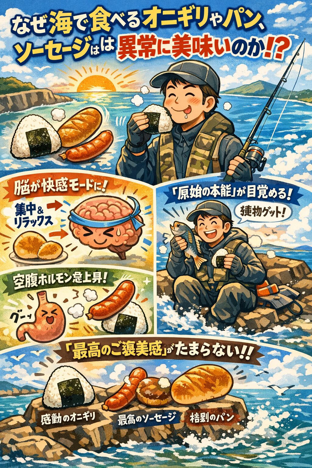 海で食べるオニギリが美味いのは、決して気のせいではない。釣り人は、脳・ホルモン・感情・原始的本能すべてが「食事を美味しく感じる状態」釣太郎