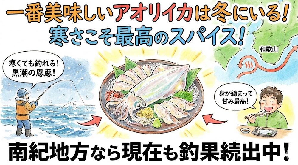 一番美味しいアオリイカは冬にいる。 これは間違いありません。 南紀の海なら、そのチャンスが十分にあります。釣太郎
