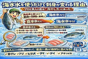 刺身の味は・魚の質 ・釣り方ではなく、冷やし方で決まる。と言っても過言ではありません。海の魚は海水を凍らせた海水氷で冷やす。釣太郎