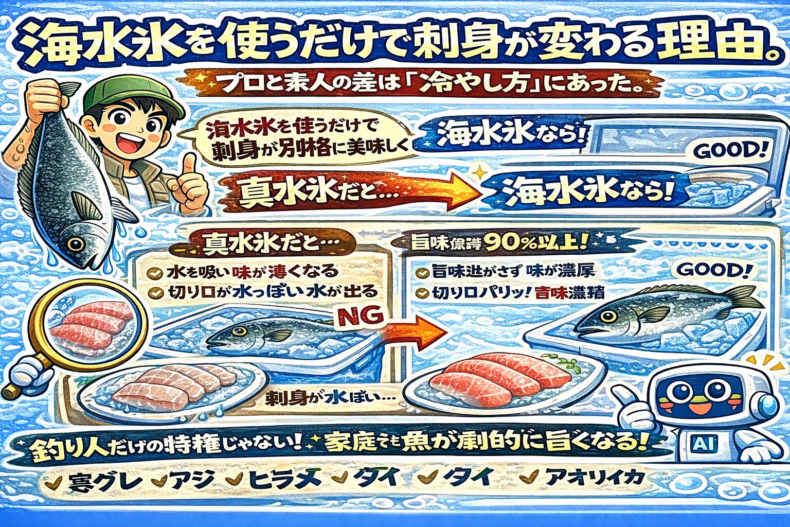 刺身の味は・魚の質 ・釣り方ではなく、冷やし方で決まる。と言っても過言ではありません。海の魚は海水を凍らせた海水氷で冷やす。釣太郎