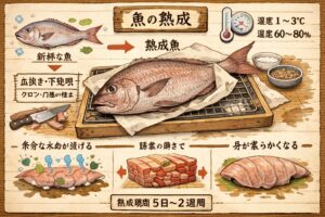 魚の熟成は「温度」「水分」「衛生」の3つを守れば、家庭でもプロ級の味に近づく。釣太郎