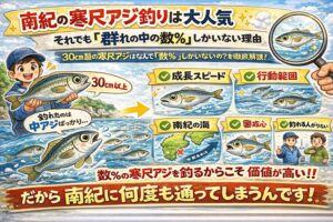 南紀の寒尺アジは大人気だが数は少ない。同じ群れの中でも数％しか存在しない。理由は成長差と生存競争。大型だけ行動パターンが違う。釣太郎