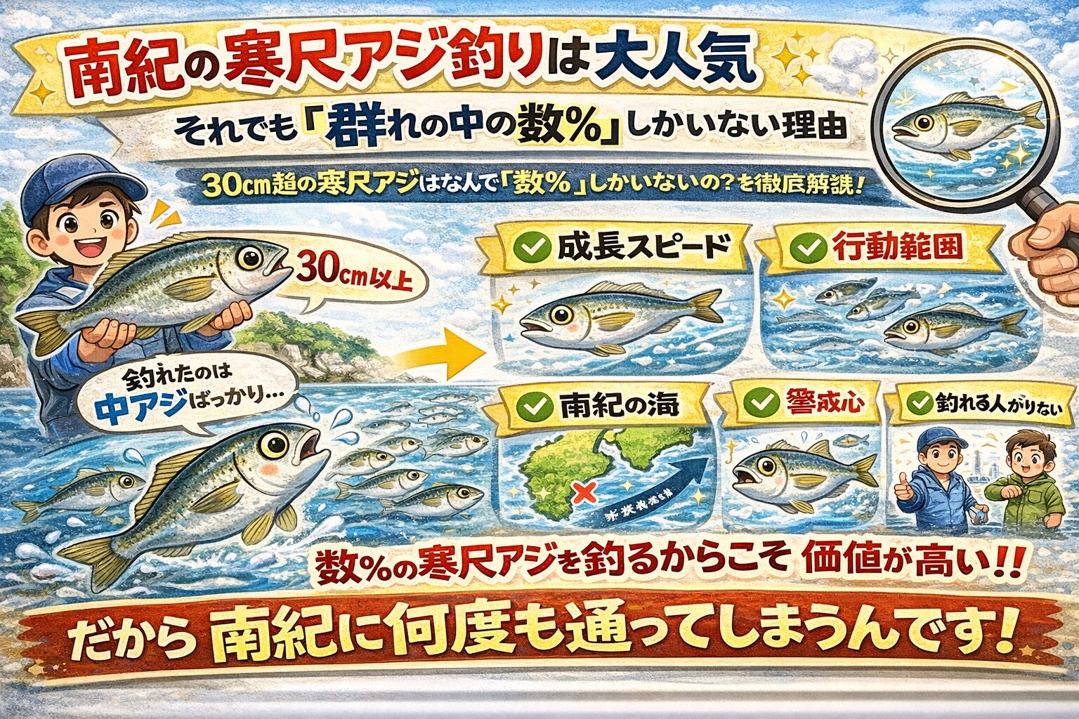 南紀の寒尺アジは大人気だが数は少ない。同じ群れの中でも数％しか存在しない。理由は成長差と生存競争。大型だけ行動パターンが違う。釣太郎